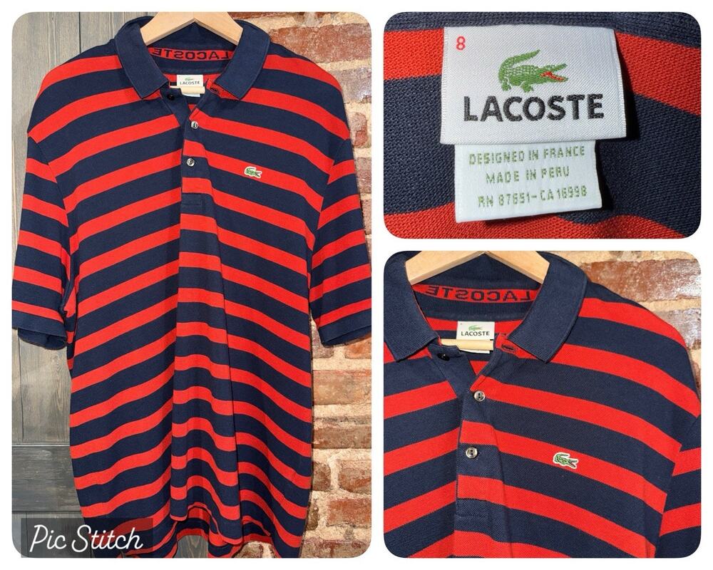 Lacoste Vintage Fit Red Navy Striped Polo Shirt Men's Sz 8 XXL Logo Izod Preppy